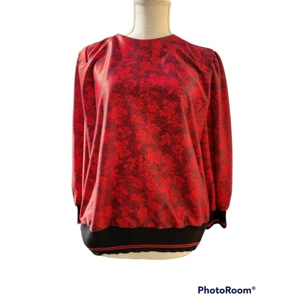 Vintage Women's Blouse Red Black Floral Long Sleeves Retro 80's